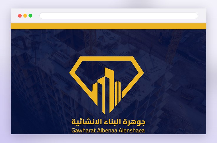 Jawhara construction brand mark — a gold diamond formed from building silhouettes on deep navy